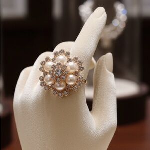 Boho Rose Gold Pearl & CZ Flower Statement Ring - Adjustable